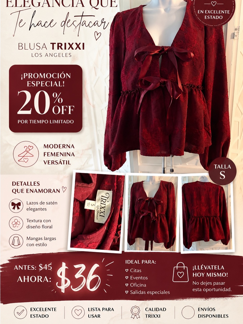 Trixxi Satin-Tie Peplum Blouse in Deep Burgundy